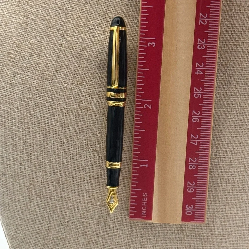 Vintage Black Enamel Fountain Pen Brooch Gold Tone Rhinestone Nib Writer Gift - Picture 4 of 4